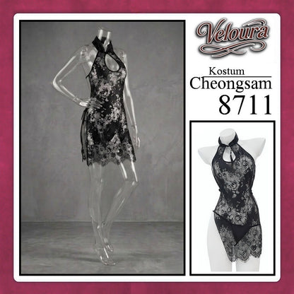 Veloura Pakaian Cheongsam Mini Kostum Lingerie Set Dress Sexy Model Baju China Black Red White 8711