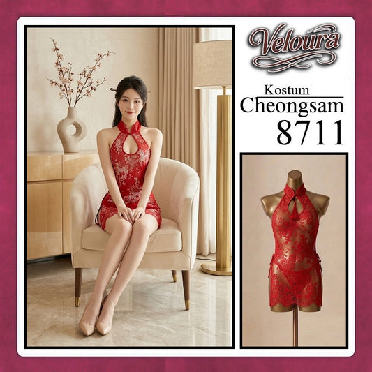 Veloura Pakaian Cheongsam Mini Kostum Lingerie Set Dress Sexy Model Baju China Black Red White 8711