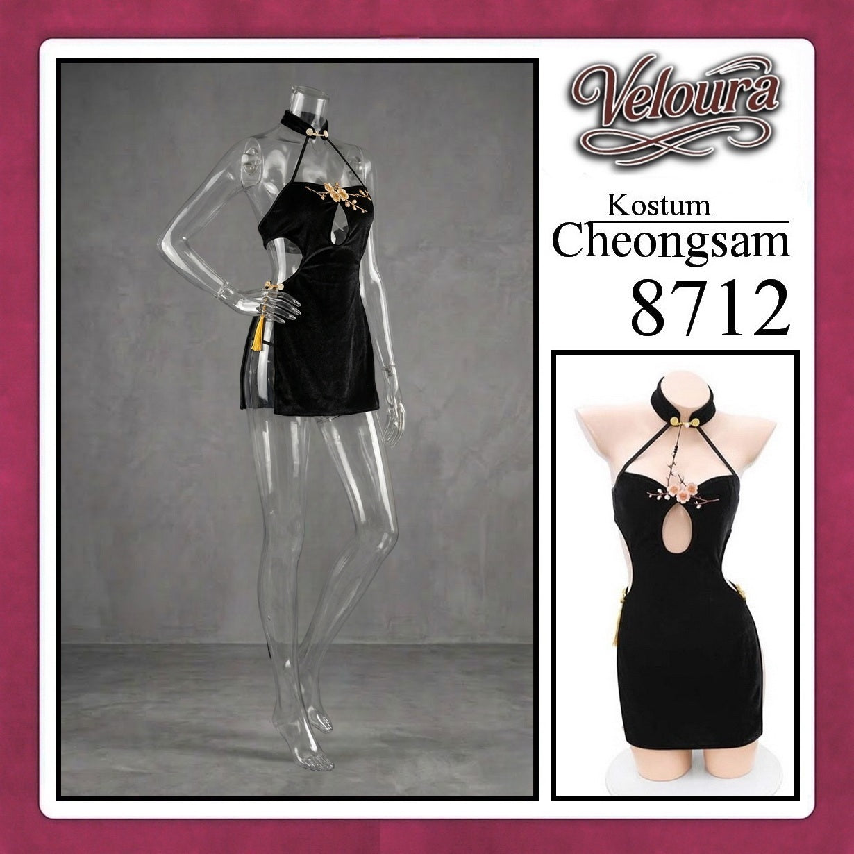 Veloura Pakaian Cheongsam Mini Kostum Lingerie Set Dress Sexy Model Baju China 8712
