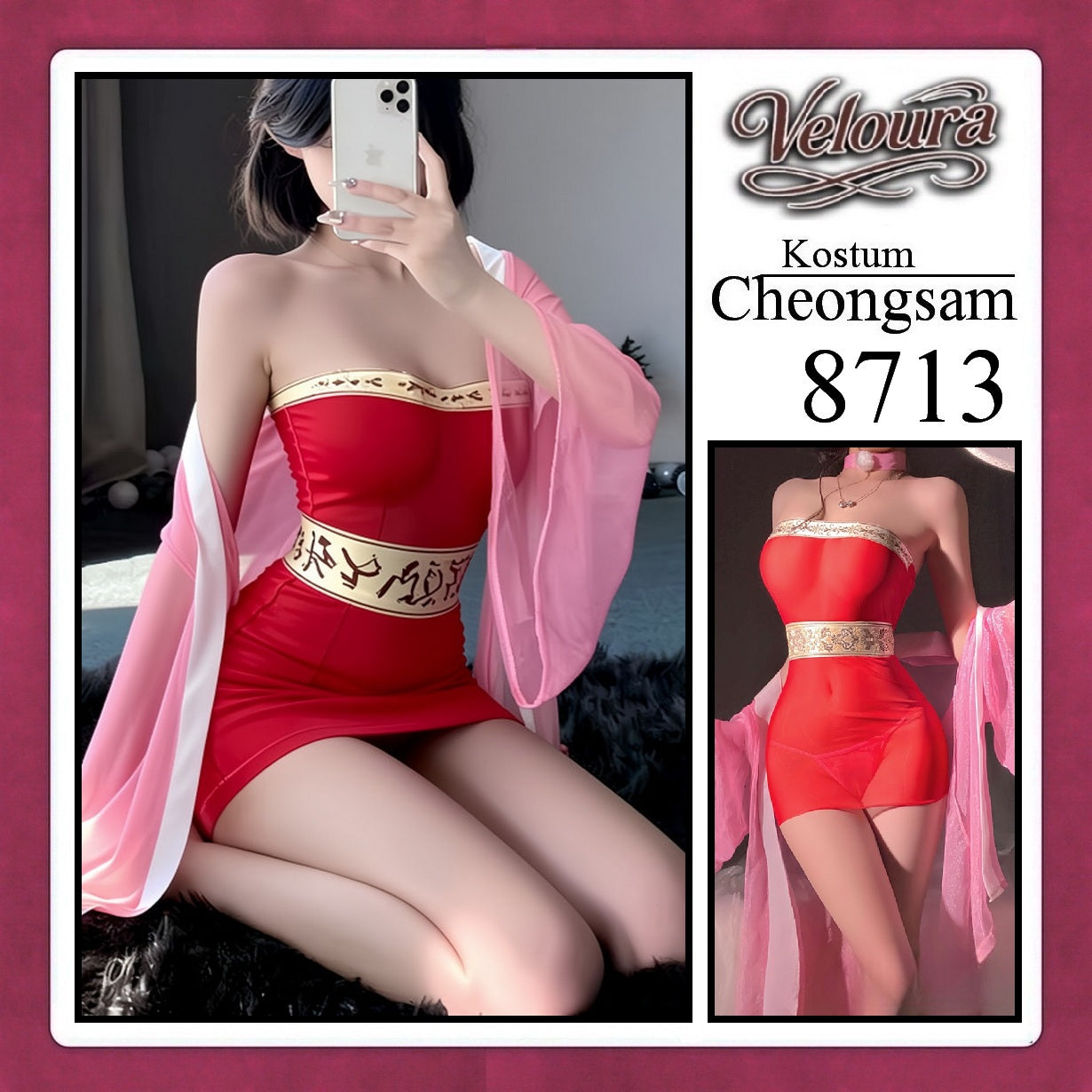 Veloura Pakaian Cheongsam Mini Kostum Lingerie Set Dress Sexy Model Baju China 8713