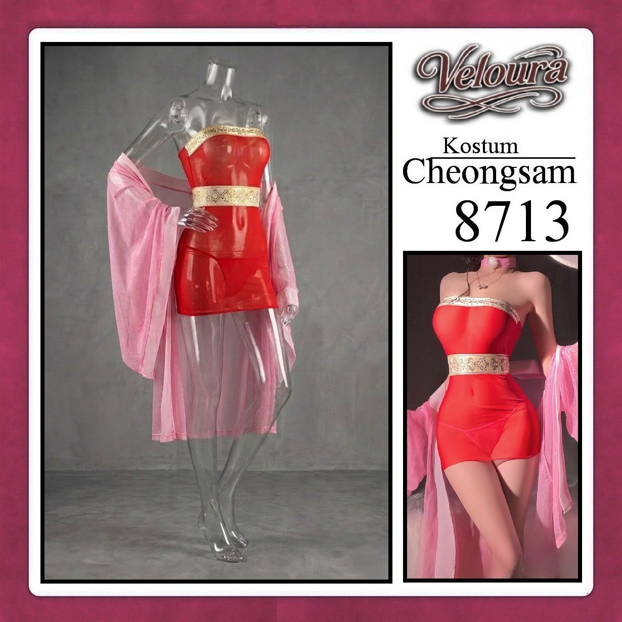 Veloura Pakaian Cheongsam Mini Kostum Lingerie Set Dress Sexy Model Baju China 8713