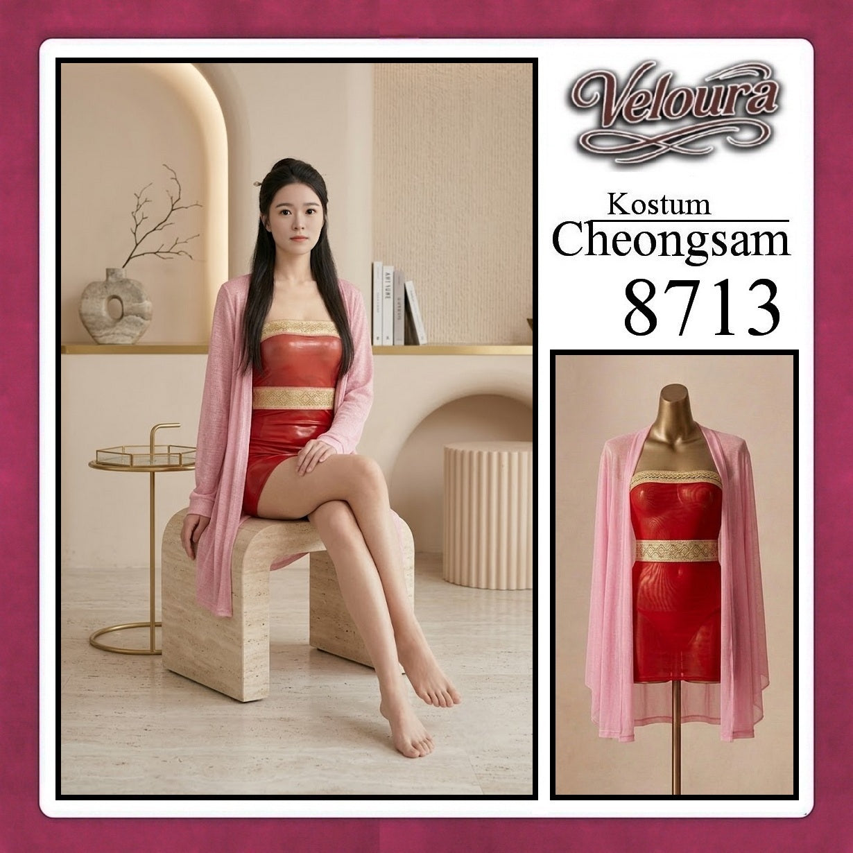 Veloura Pakaian Cheongsam Mini Kostum Lingerie Set Dress Sexy Model Baju China 8713