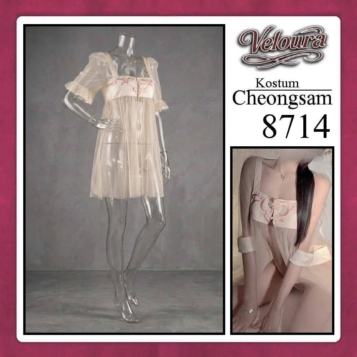 Veloura Pakaian Cheongsam Mini Kostum Lingerie Set Dress Sexy Model Baju China 8714