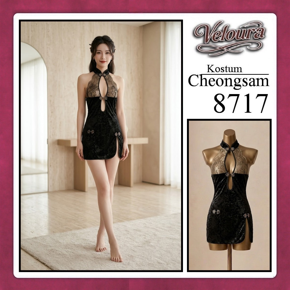 Veloura Pakaian Cheongsam Mini Kostum Lingerie Set Dress Sexy Model Baju China 8716