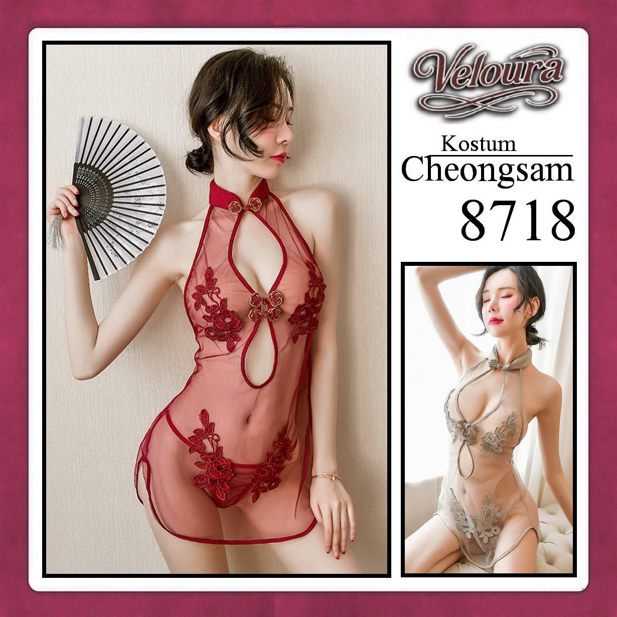 Veloura Pakaian Cheongsam Mini Kostum Lingerie Set Dress Sexy Model Baju China Red And White 8718