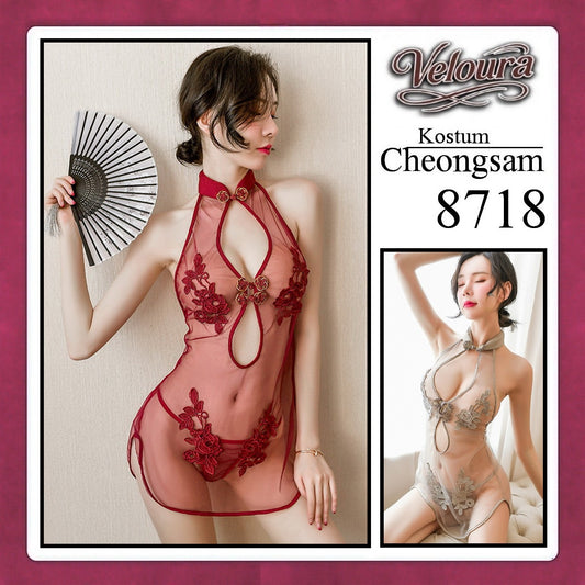 Veloura Pakaian Cheongsam Mini Kostum Lingerie Set Dress Sexy Model Baju China Red And White 8718