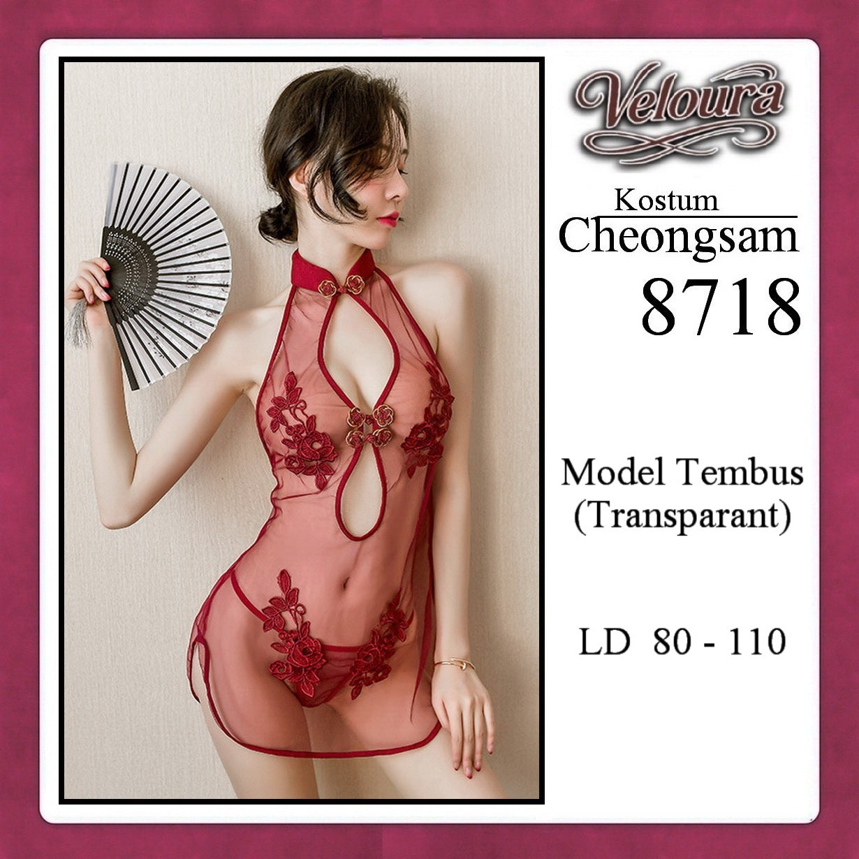 Veloura Pakaian Cheongsam Mini Kostum Lingerie Set Dress Sexy Model Baju China Red And White 8718