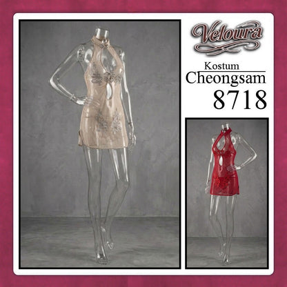 Veloura Pakaian Cheongsam Mini Kostum Lingerie Set Dress Sexy Model Baju China Red And White 8718