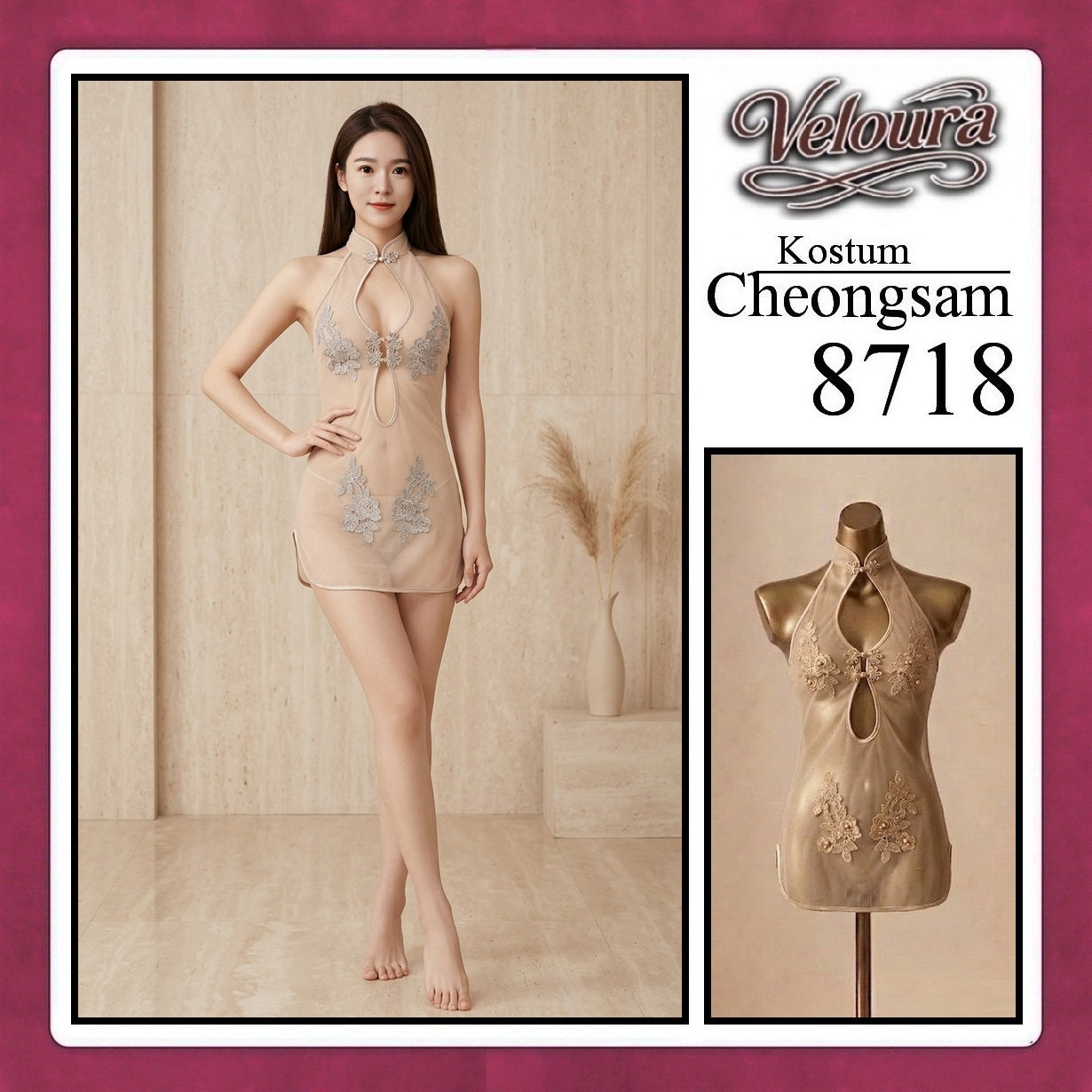 Veloura Pakaian Cheongsam Mini Kostum Lingerie Set Dress Sexy Model Baju China Red And White 8718