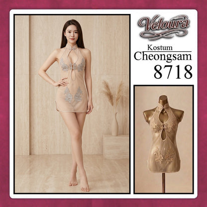 Veloura Pakaian Cheongsam Mini Kostum Lingerie Set Dress Sexy Model Baju China Red And White 8718