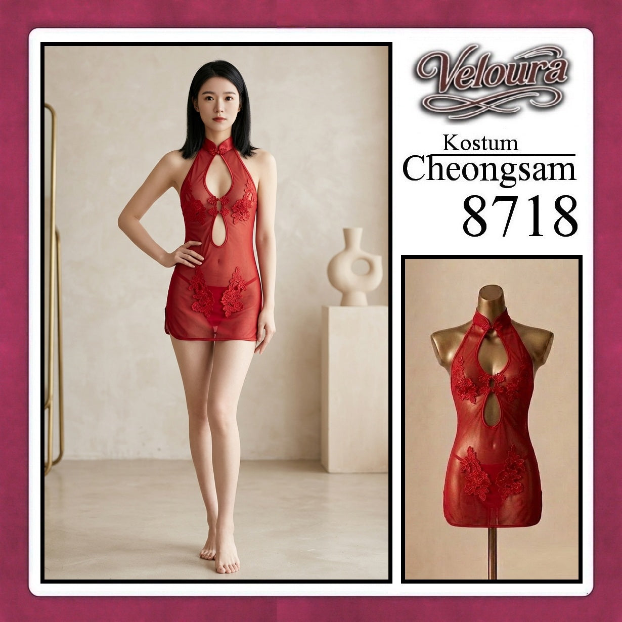 Veloura Pakaian Cheongsam Mini Kostum Lingerie Set Dress Sexy Model Baju China Red And White 8718