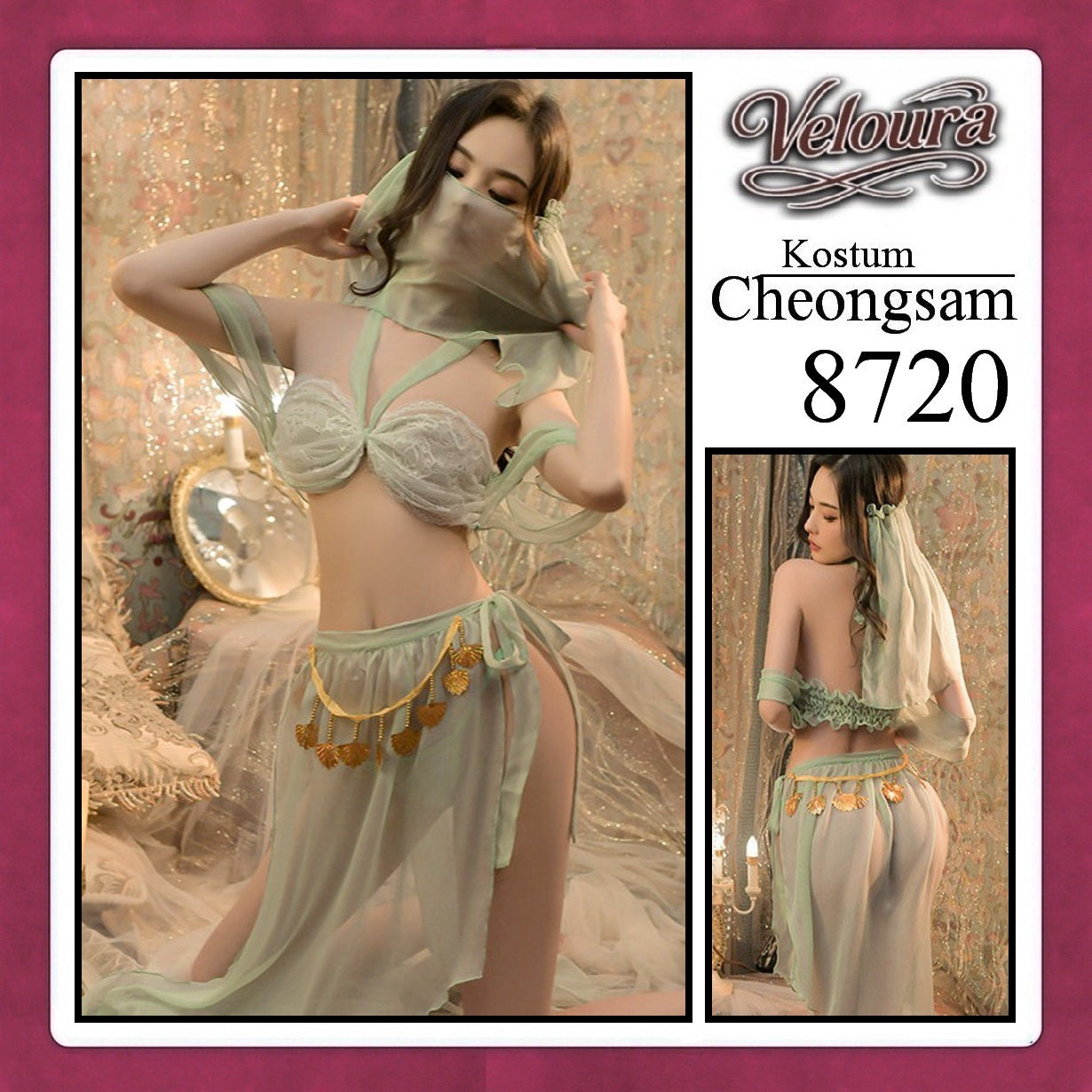 Veloura Pakaian Cheongsam Mini Kostum Lingerie Set Dress Sexy Model Baju China 8720