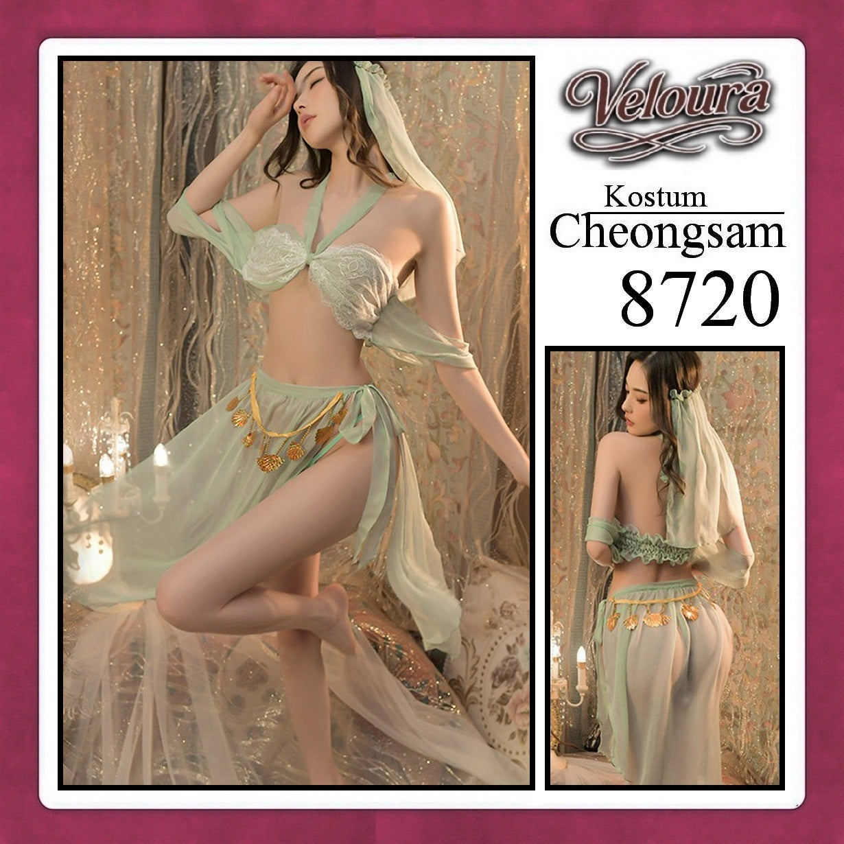 Veloura Pakaian Cheongsam Mini Kostum Lingerie Set Dress Sexy Model Baju China 8720