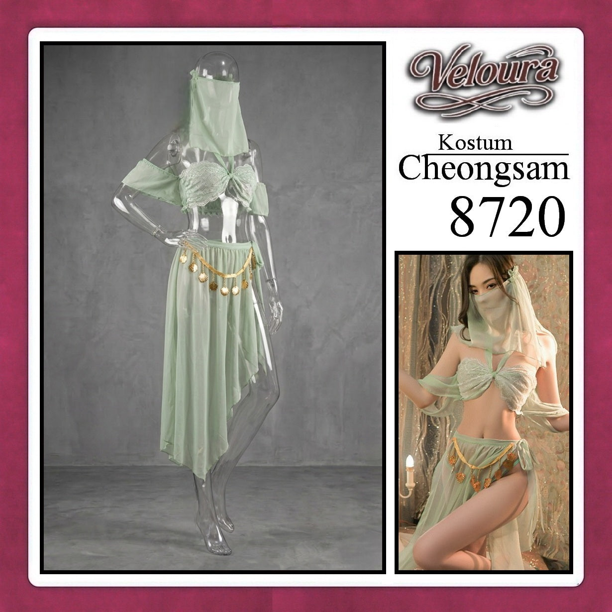 Veloura Pakaian Cheongsam Mini Kostum Lingerie Set Dress Sexy Model Baju China 8720