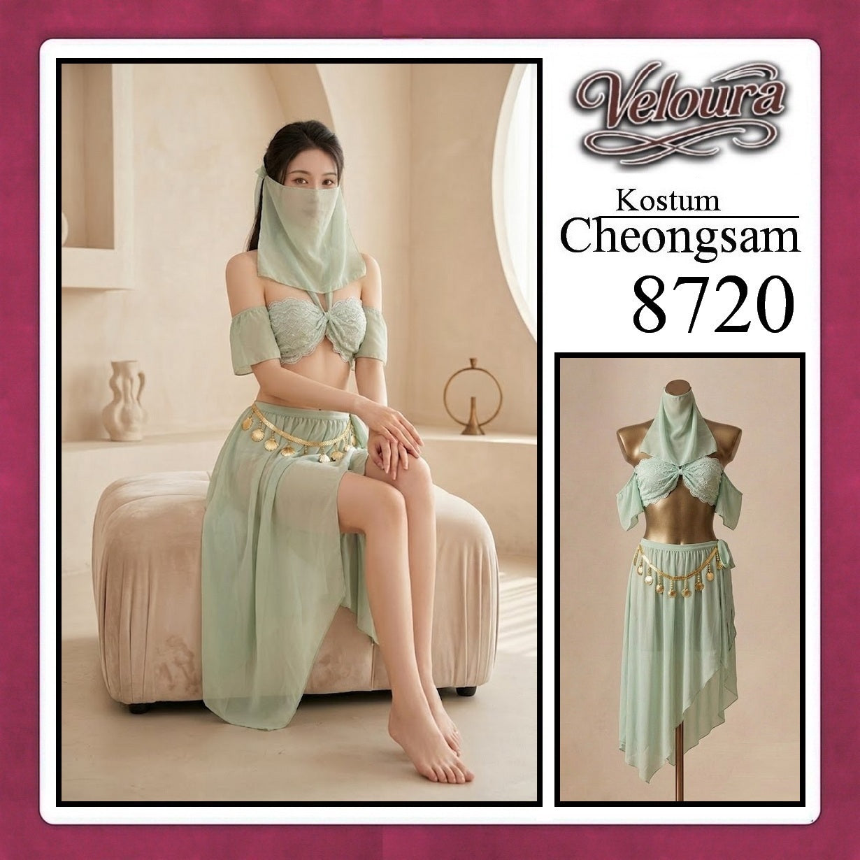 Veloura Pakaian Cheongsam Mini Kostum Lingerie Set Dress Sexy Model Baju China 8720