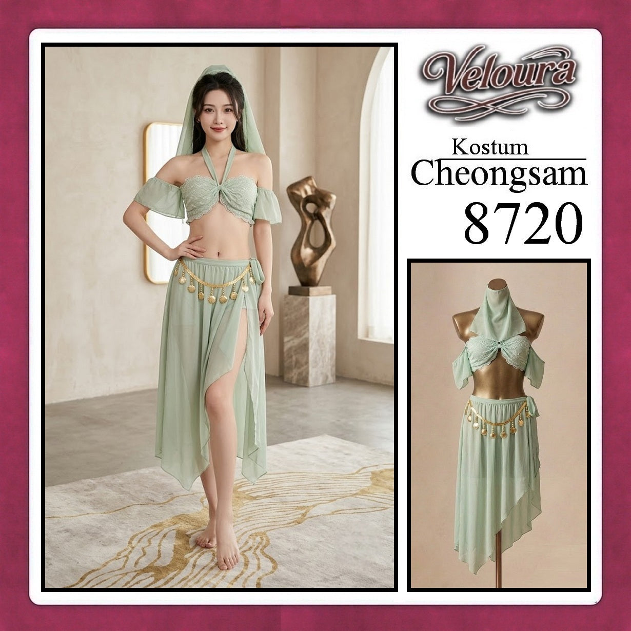Veloura Pakaian Cheongsam Mini Kostum Lingerie Set Dress Sexy Model Baju China 8720
