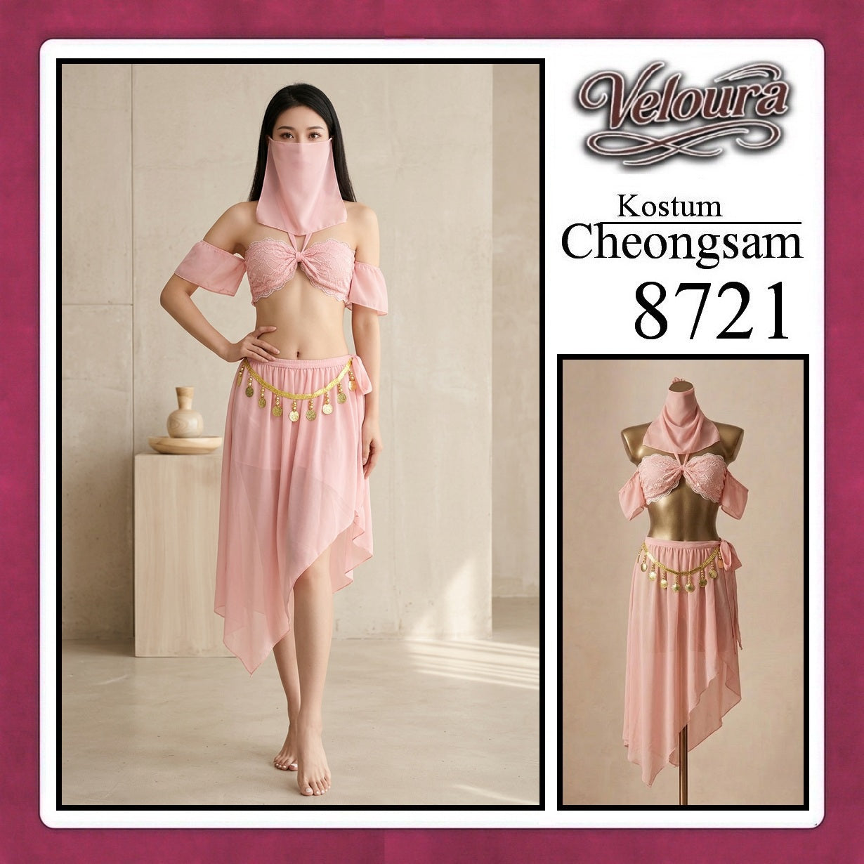 Veloura Pakaian Cheongsam Mini Kostum Lingerie Set Dress Sexy Model Baju China 8721