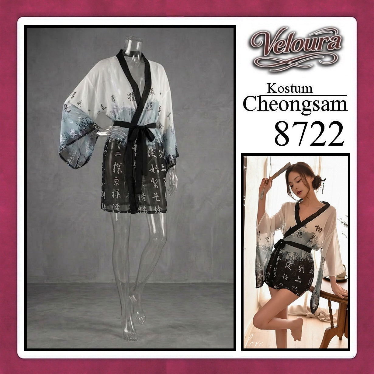 Veloura Pakaian Cheongsam Mini Kostum Lingerie Set Dress Sexy Model Baju China 8722