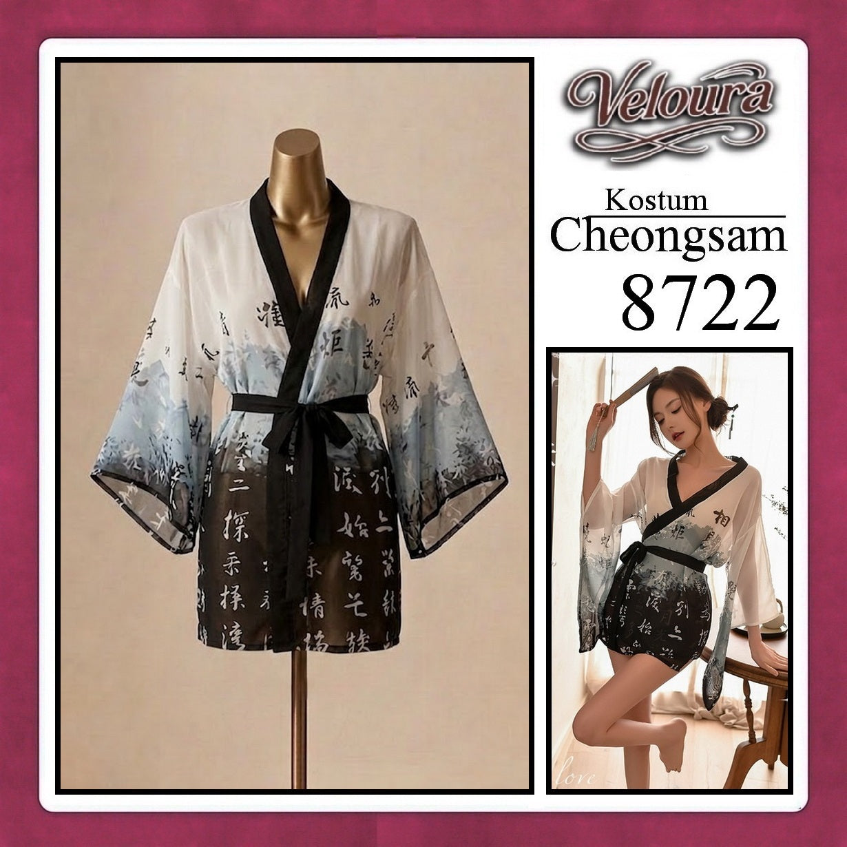 Veloura Pakaian Cheongsam Mini Kostum Lingerie Set Dress Sexy Model Baju China 8722