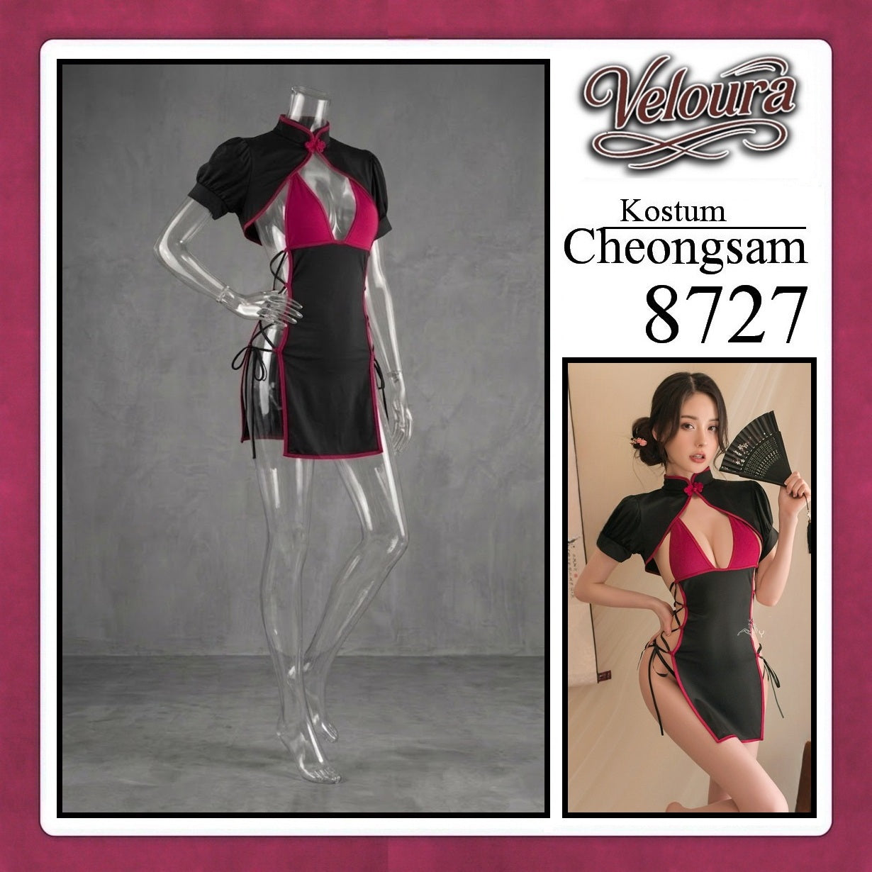 Veloura Pakaian Cheongsam Mini Kostum Lingerie Set Dress Sexy Model Baju China 8727
