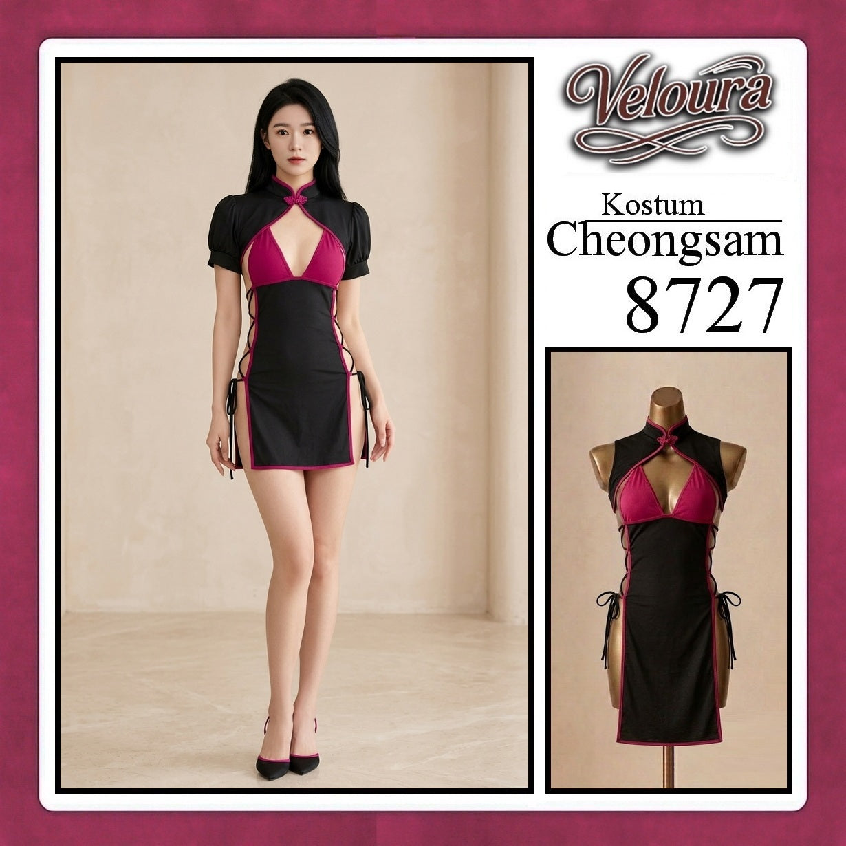 Veloura Pakaian Cheongsam Mini Kostum Lingerie Set Dress Sexy Model Baju China 8727
