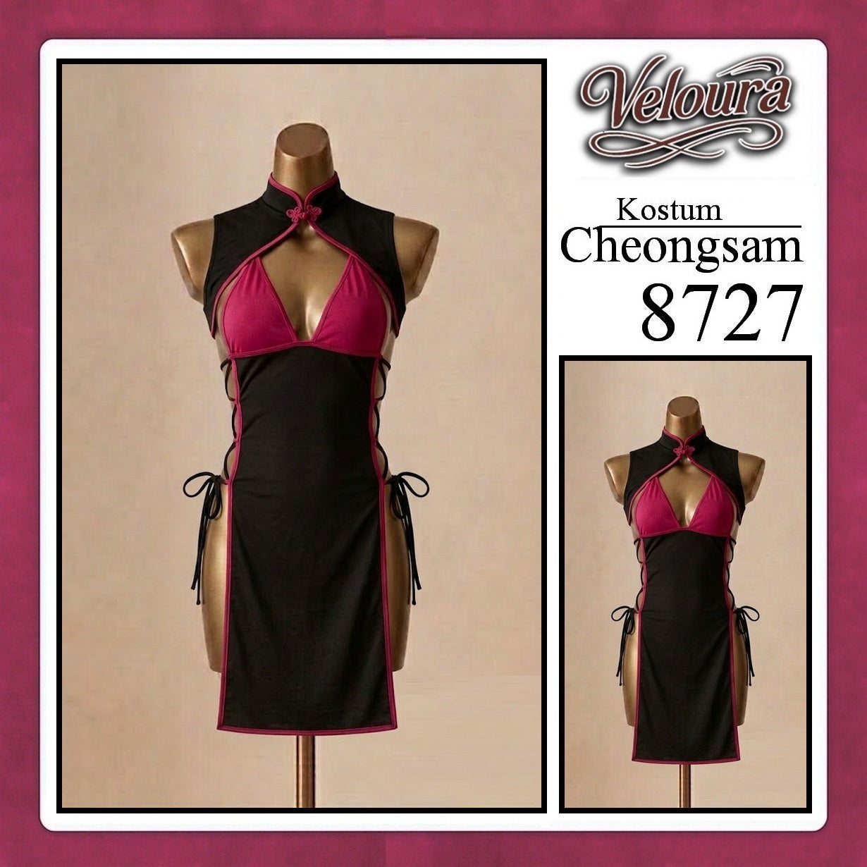 Veloura Pakaian Cheongsam Mini Kostum Lingerie Set Dress Sexy Model Baju China 8727
