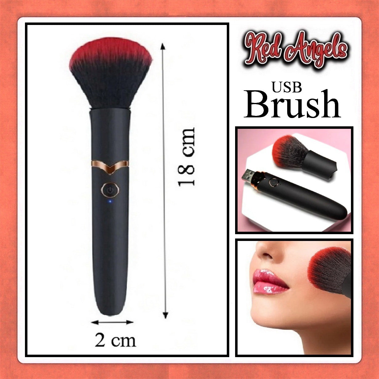 USB makeup brush with dimensions and usage examples on a white background