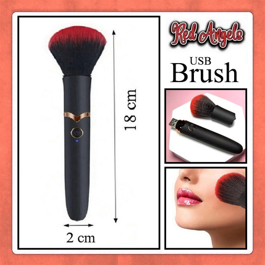 USB makeup brush with dimensions and usage examples on a white background