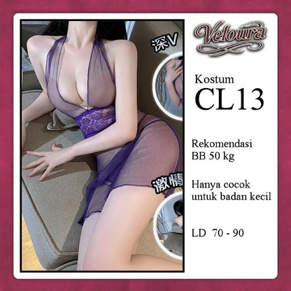 Veloura Pakaian Set Wanita Dress Malam Lingerie Tipis Mini Transparant - CL13 - Purple