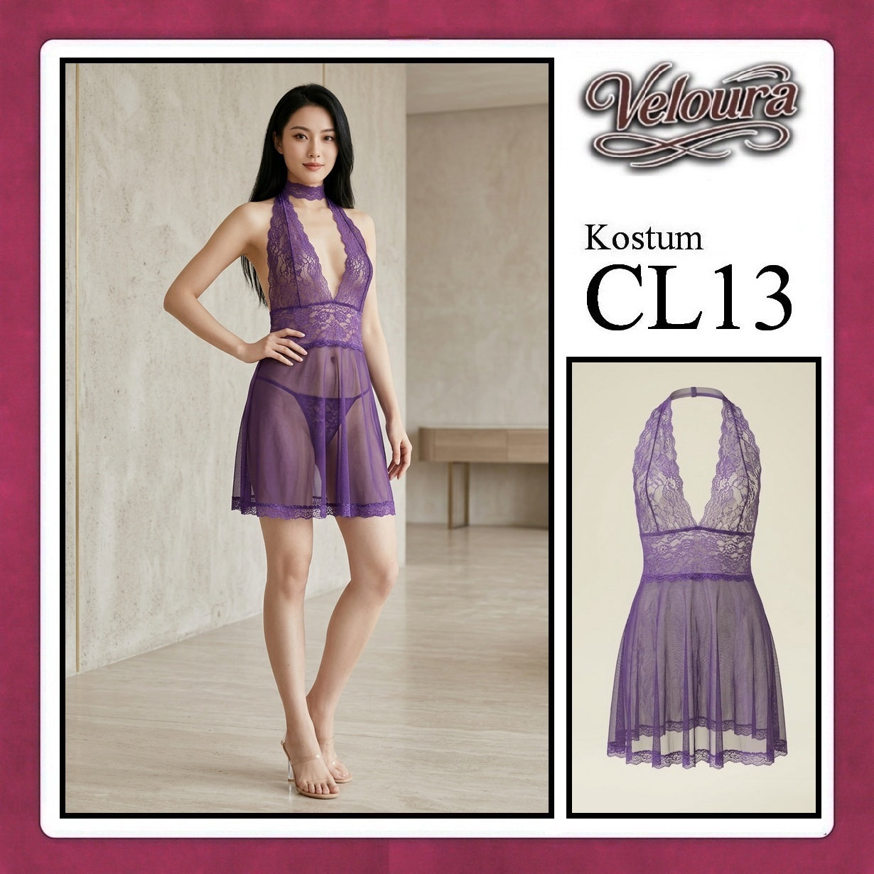 Veloura Pakaian Set Wanita Dress Malam Lingerie Tipis Mini Transparant - CL13 - Purple