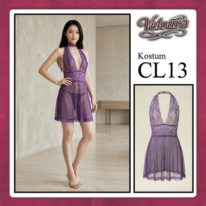 Veloura Pakaian Set Wanita Dress Malam Lingerie Tipis Mini Transparant - CL13 - Purple