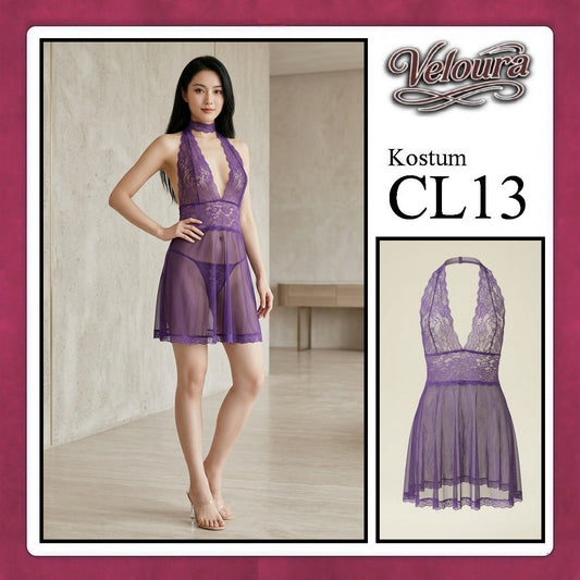 Veloura Pakaian Set Wanita Dress Malam Lingerie Tipis Mini Transparant - CL13 - Purple