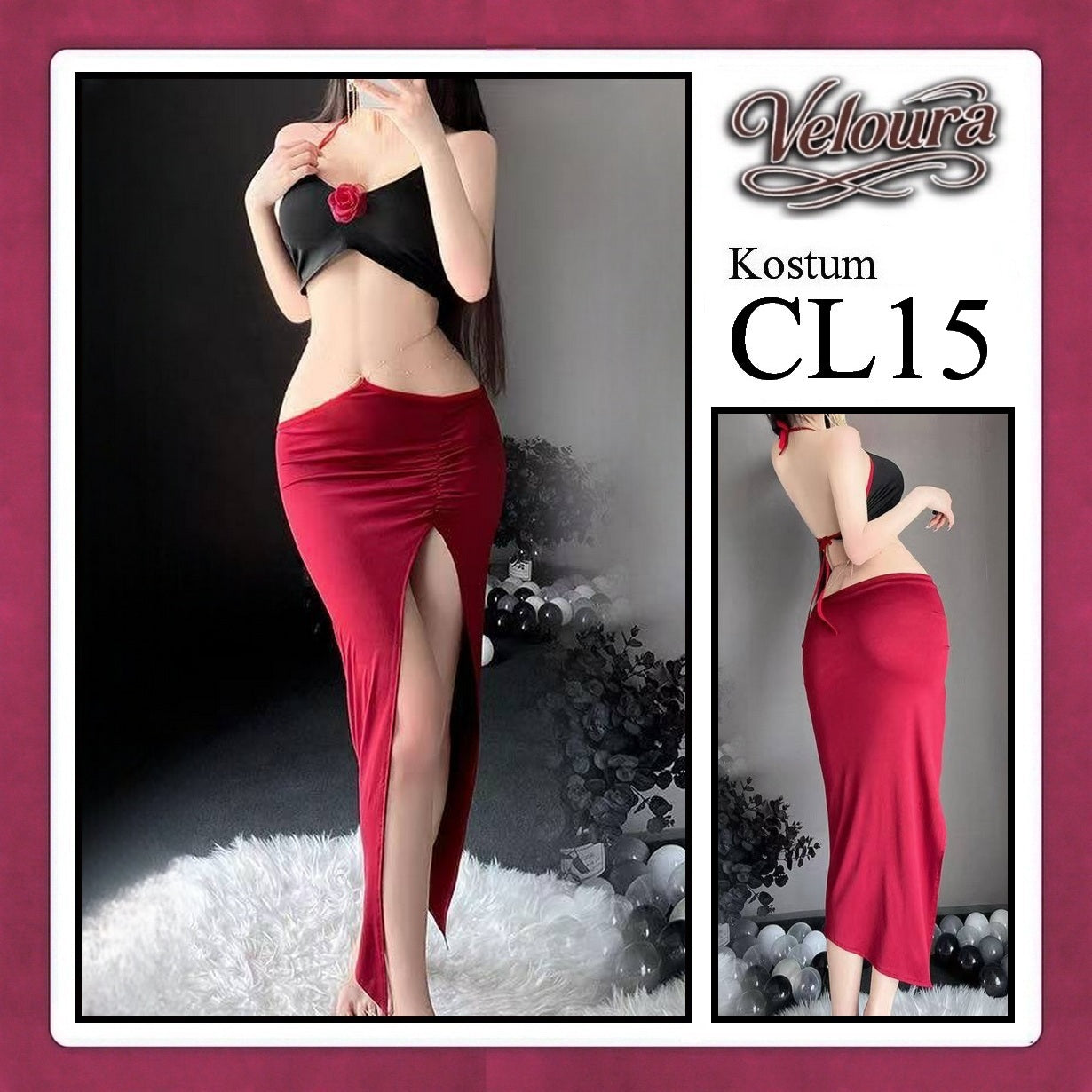 Veloura Pakaian Dress Wanita Casual Seksi Elegant - CL15 - Black Red