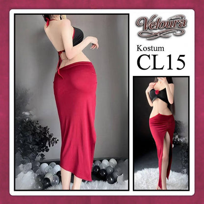 Veloura Pakaian Dress Wanita Casual Seksi Elegant - CL15 - Black Red