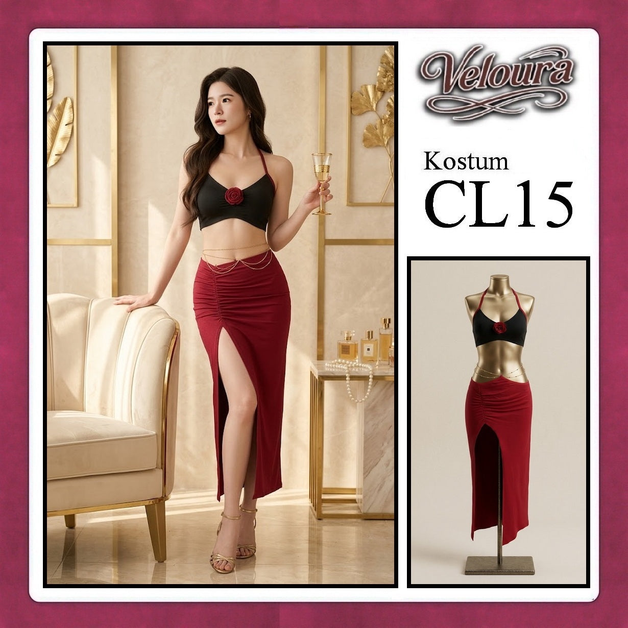 Veloura Pakaian Dress Wanita Casual Seksi Elegant - CL15 - Black Red