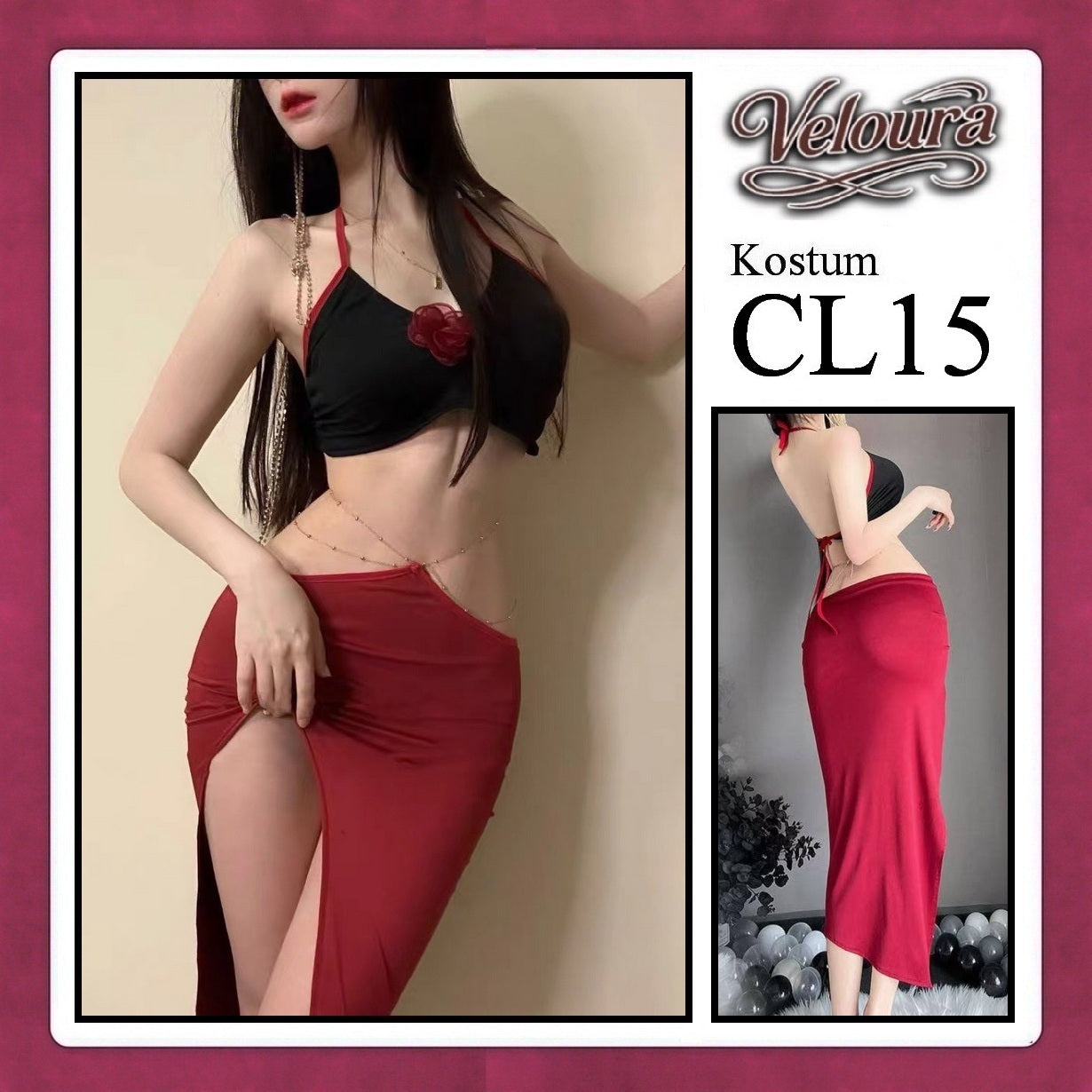 Veloura Pakaian Dress Wanita Casual Seksi Elegant - CL15 - Black Red