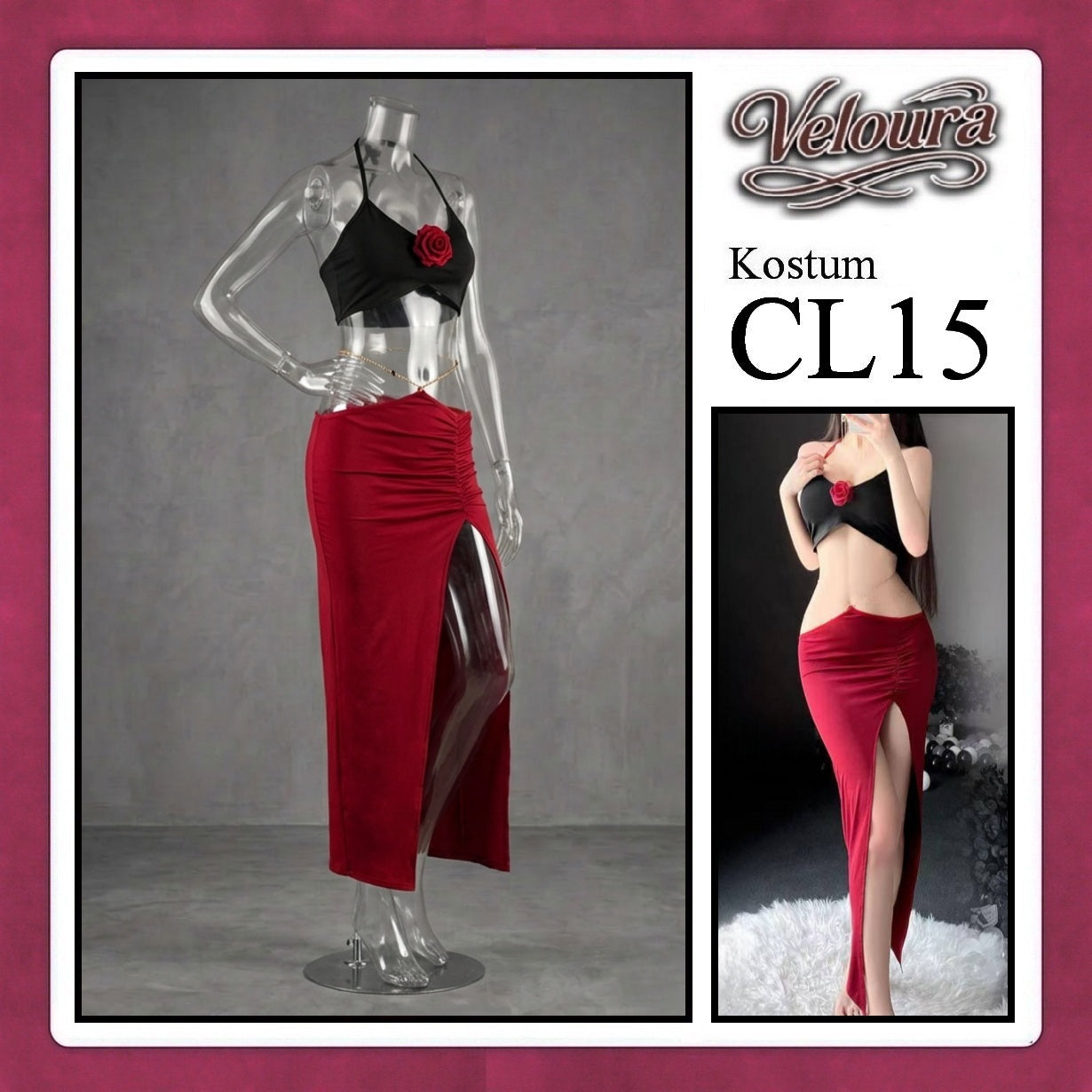 Veloura Pakaian Dress Wanita Casual Seksi Elegant - CL15 - Black Red
