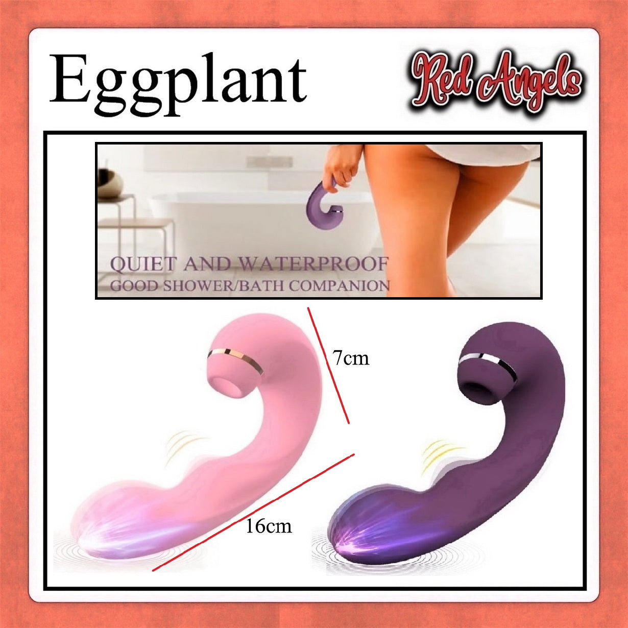 Product packaging with two handles, one pink and one purple, labeled 'Eggplant' and 'Red Angels'.