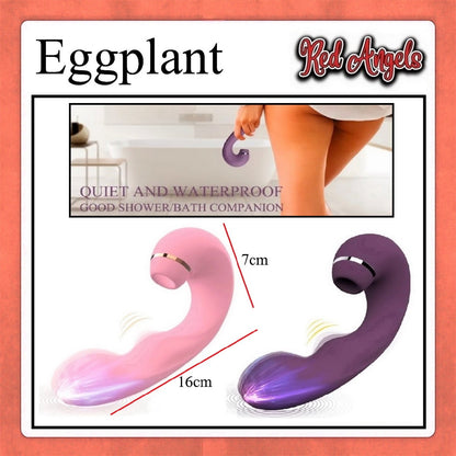 Product packaging with two handles, one pink and one purple, labeled 'Eggplant' and 'Red Angels'.