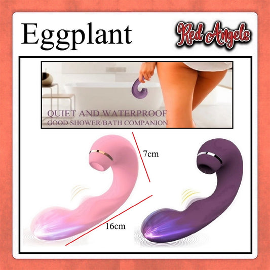 Product packaging with two handles, one pink and one purple, labeled 'Eggplant' and 'Red Angels'.