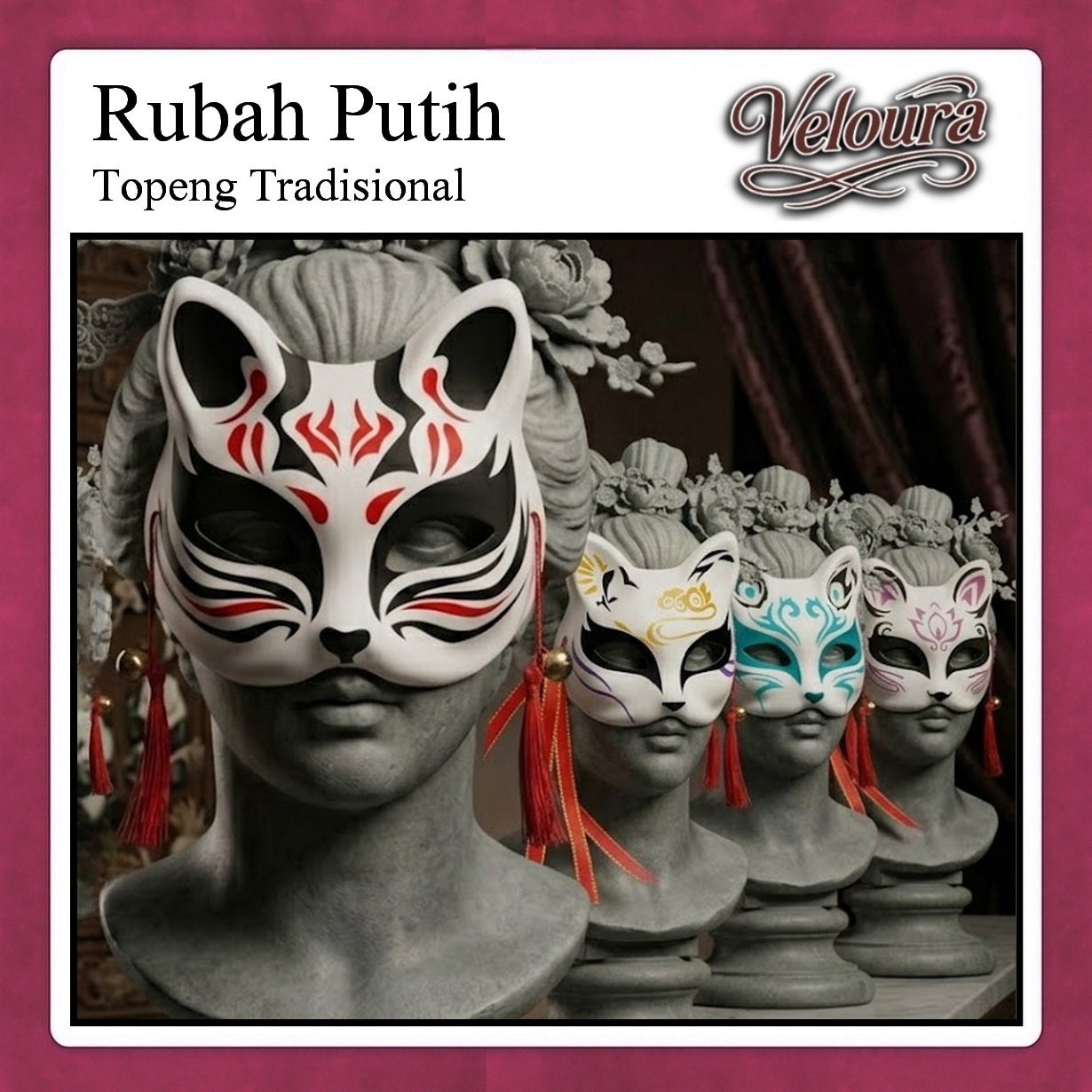 Veloura Cosplay Rubah Putih – Topeng Tradisional Kitsune Japanese Fox Mask