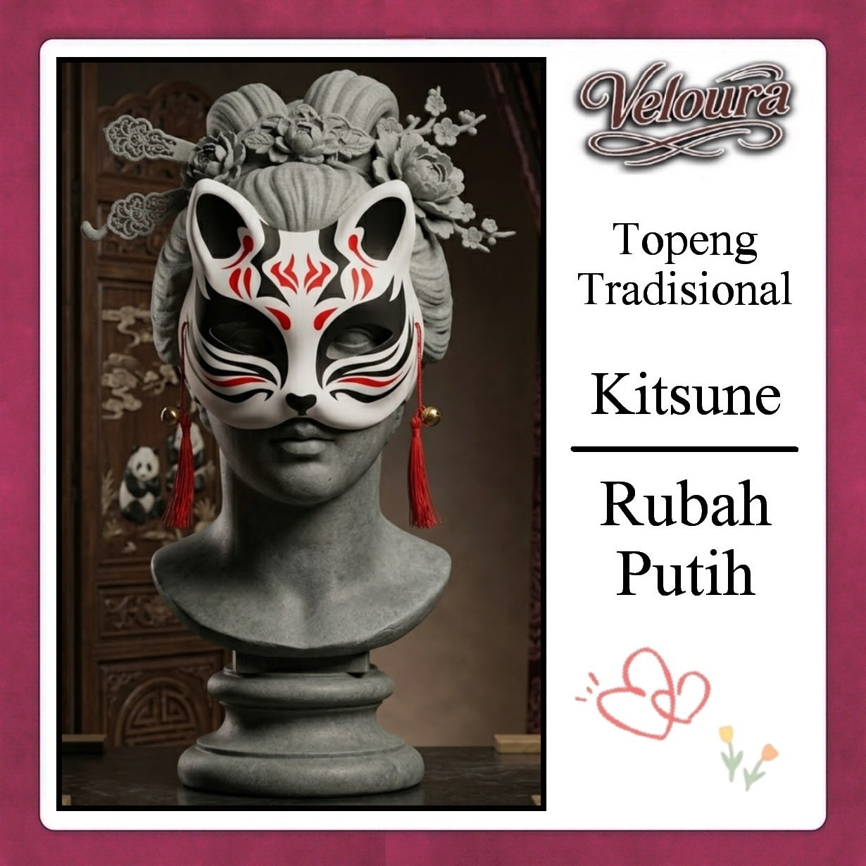 Veloura Cosplay Rubah Putih – Topeng Tradisional Kitsune Japanese Fox Mask