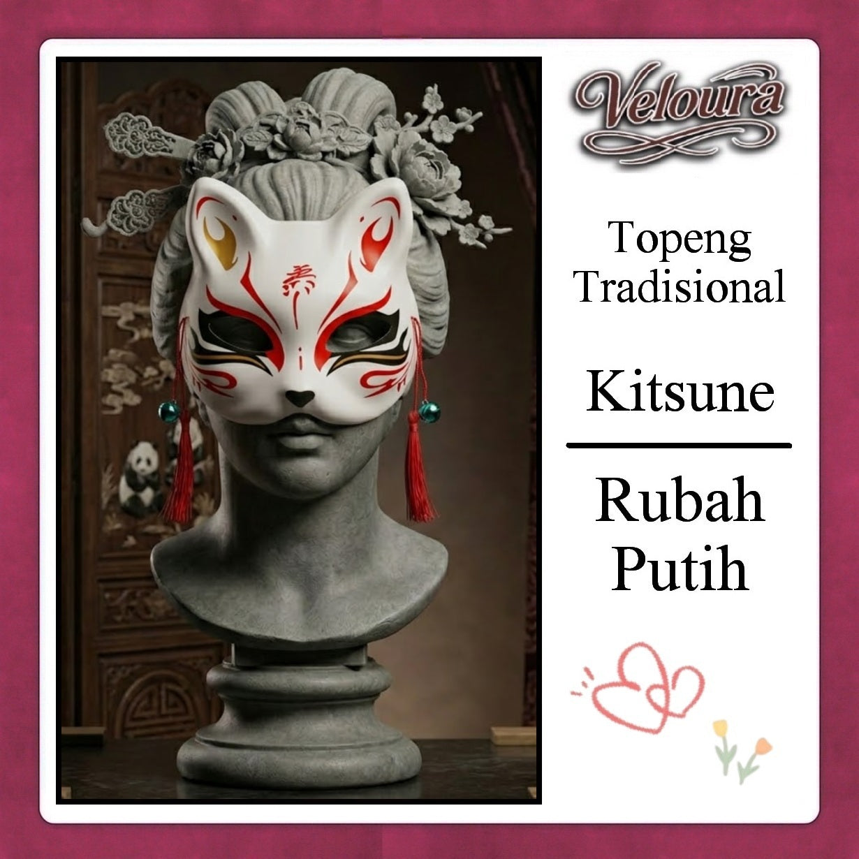 Veloura Cosplay Rubah Putih – Topeng Tradisional Kitsune Japanese Fox Mask