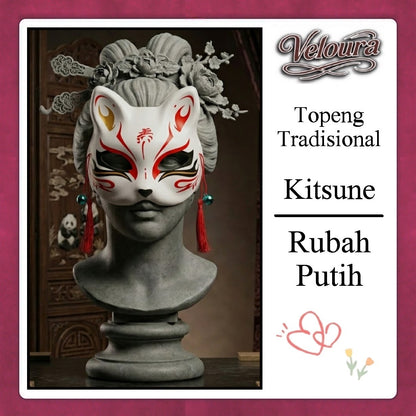 Veloura Cosplay Rubah Putih – Topeng Tradisional Kitsune Japanese Fox Mask