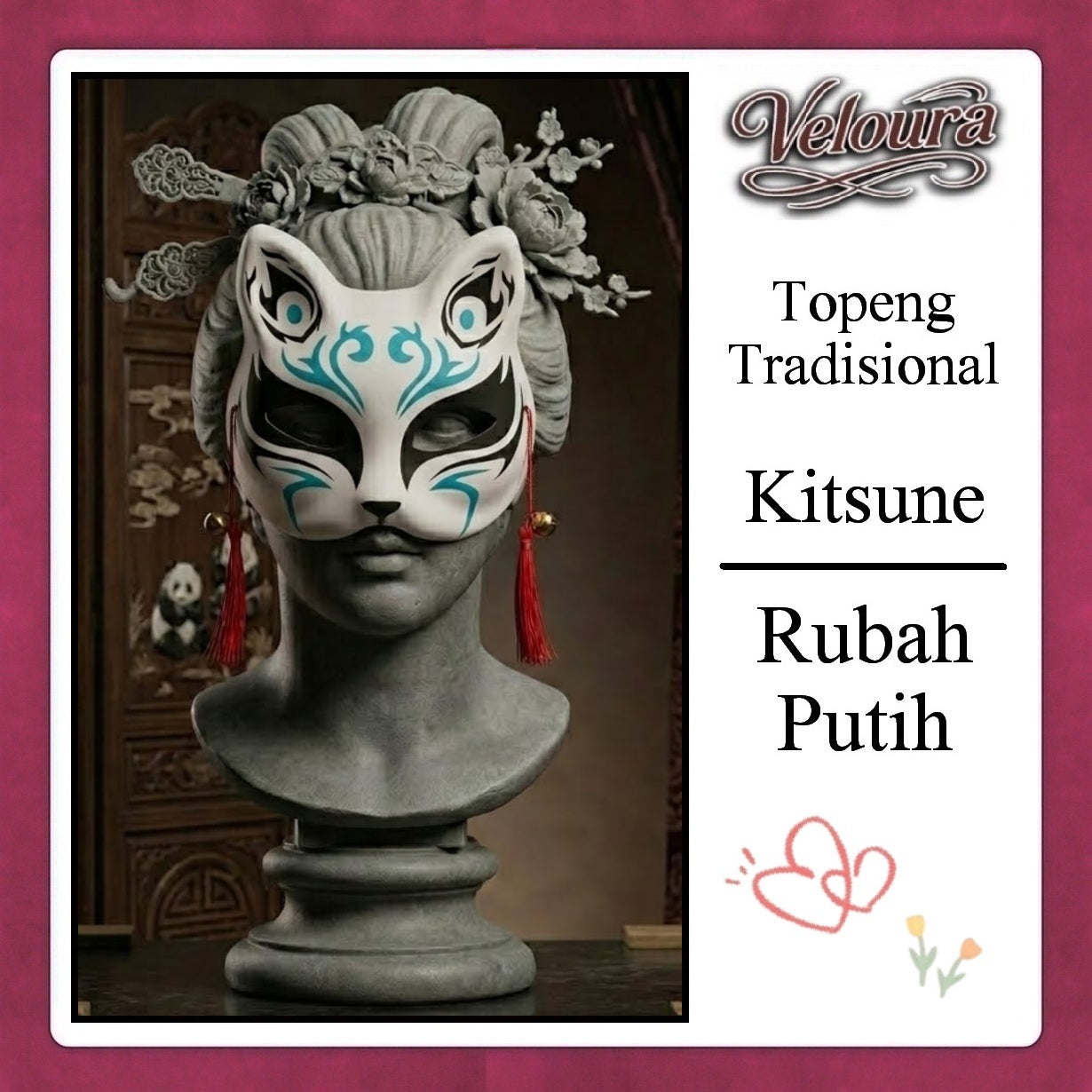 Veloura Cosplay Rubah Putih – Topeng Tradisional Kitsune Japanese Fox Mask