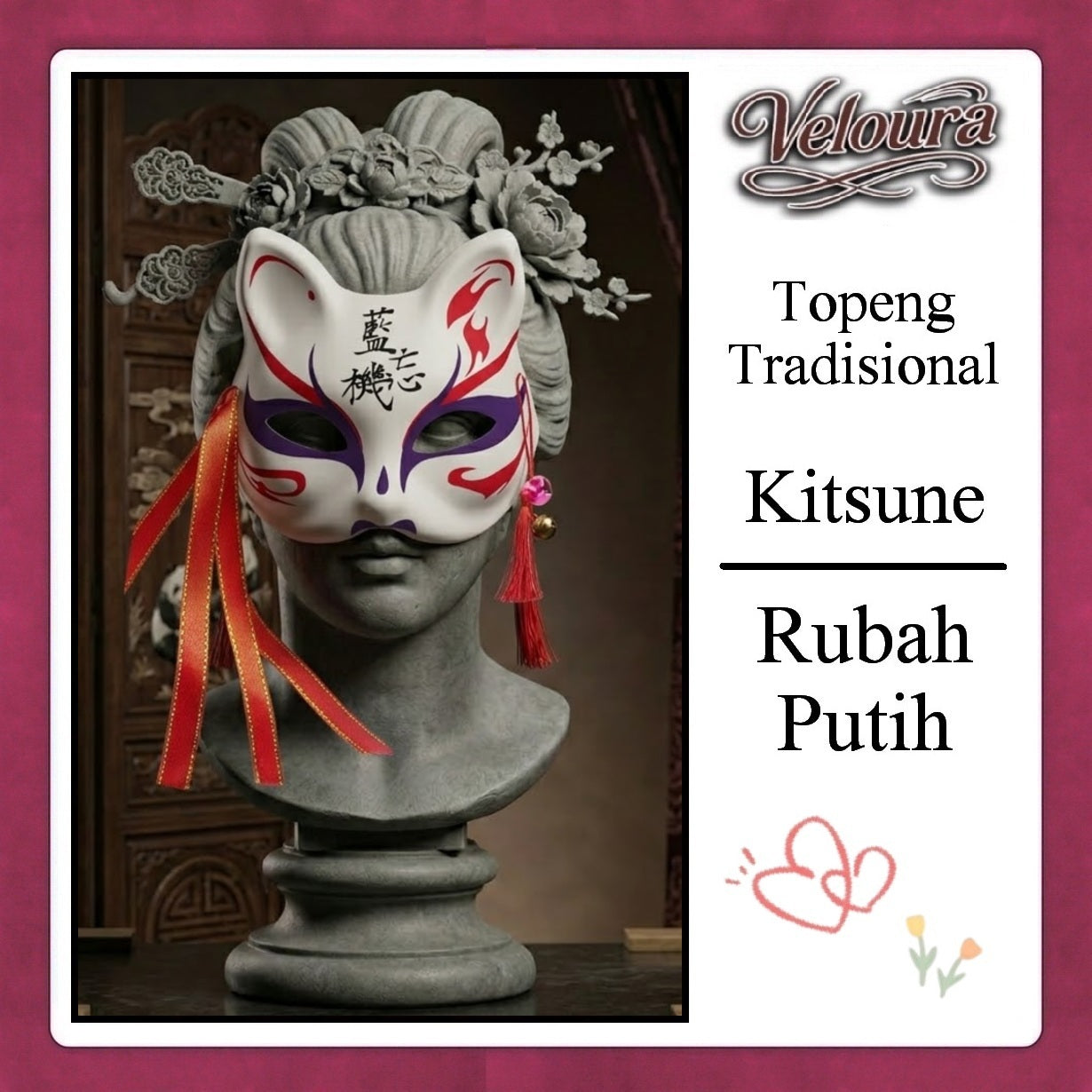 Veloura Cosplay Rubah Putih – Topeng Tradisional Kitsune Japanese Fox Mask