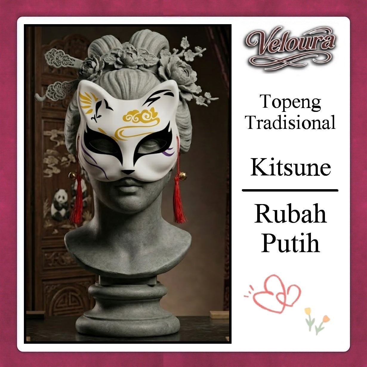 Veloura Cosplay Rubah Putih – Topeng Tradisional Kitsune Japanese Fox Mask