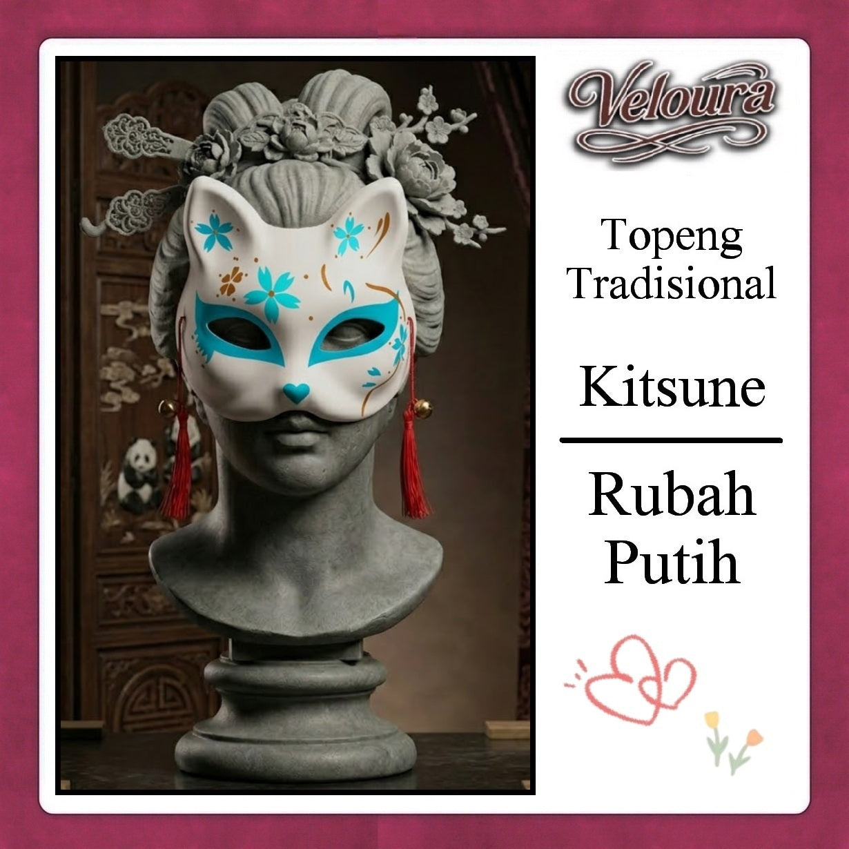 Veloura Cosplay Rubah Putih – Topeng Tradisional Kitsune Japanese Fox Mask