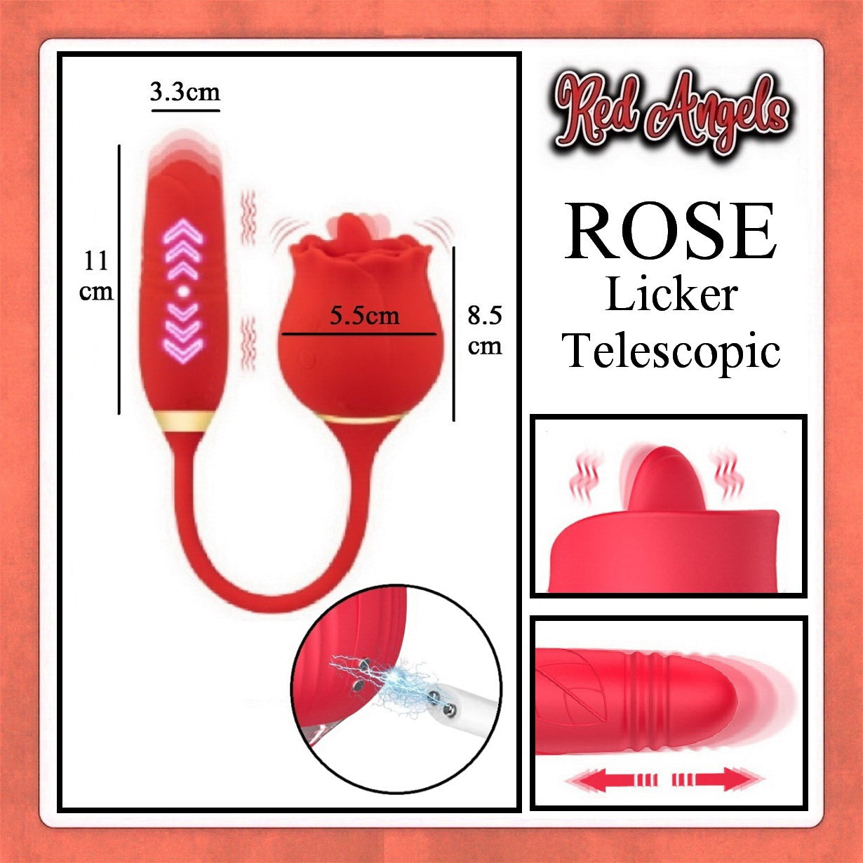 Red rose-shaped licker telescopic product with measurements and 'Red Angels' branding on a peach background.