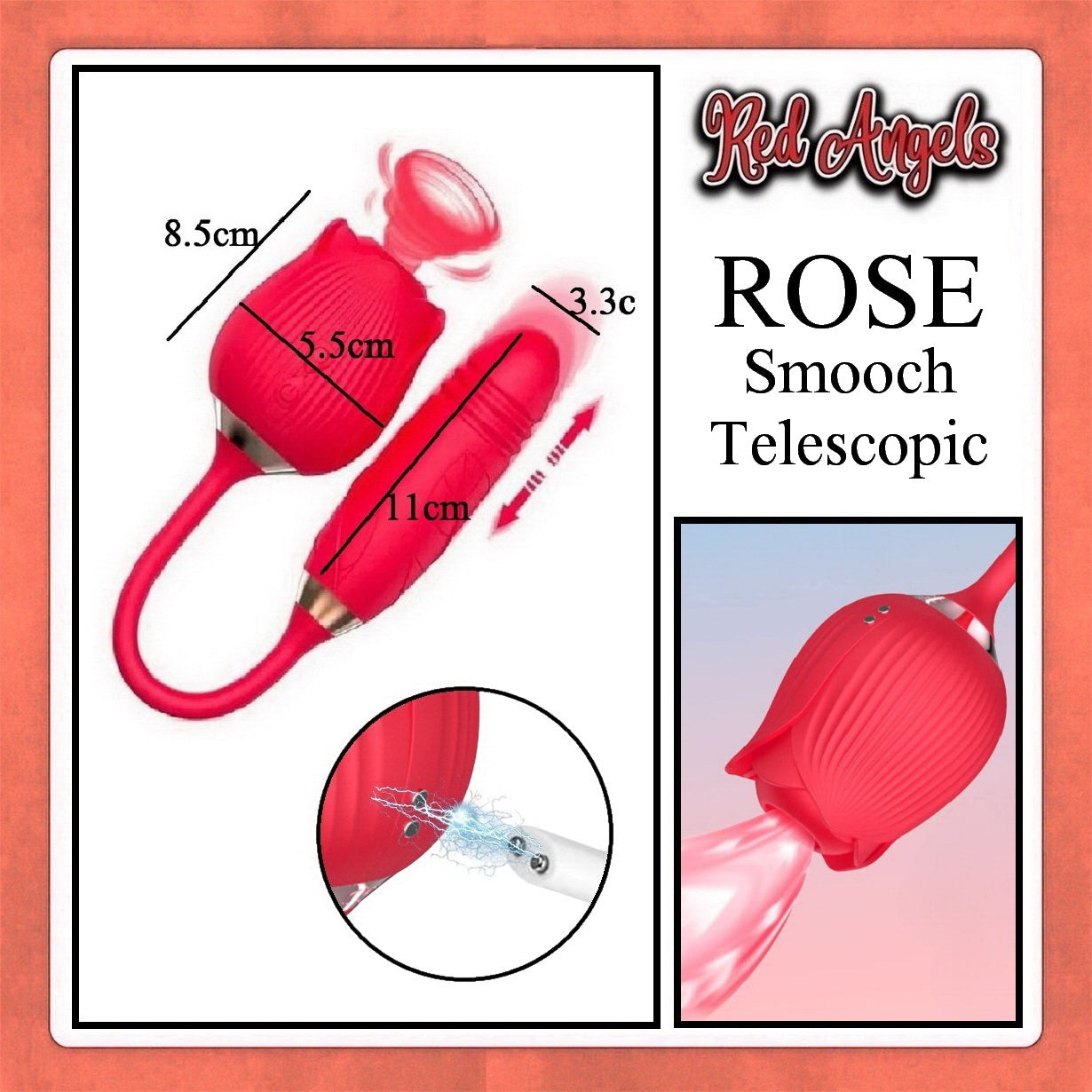Red Angels ROSE Smooch Telescopic product with measurements and close-up on a white background.